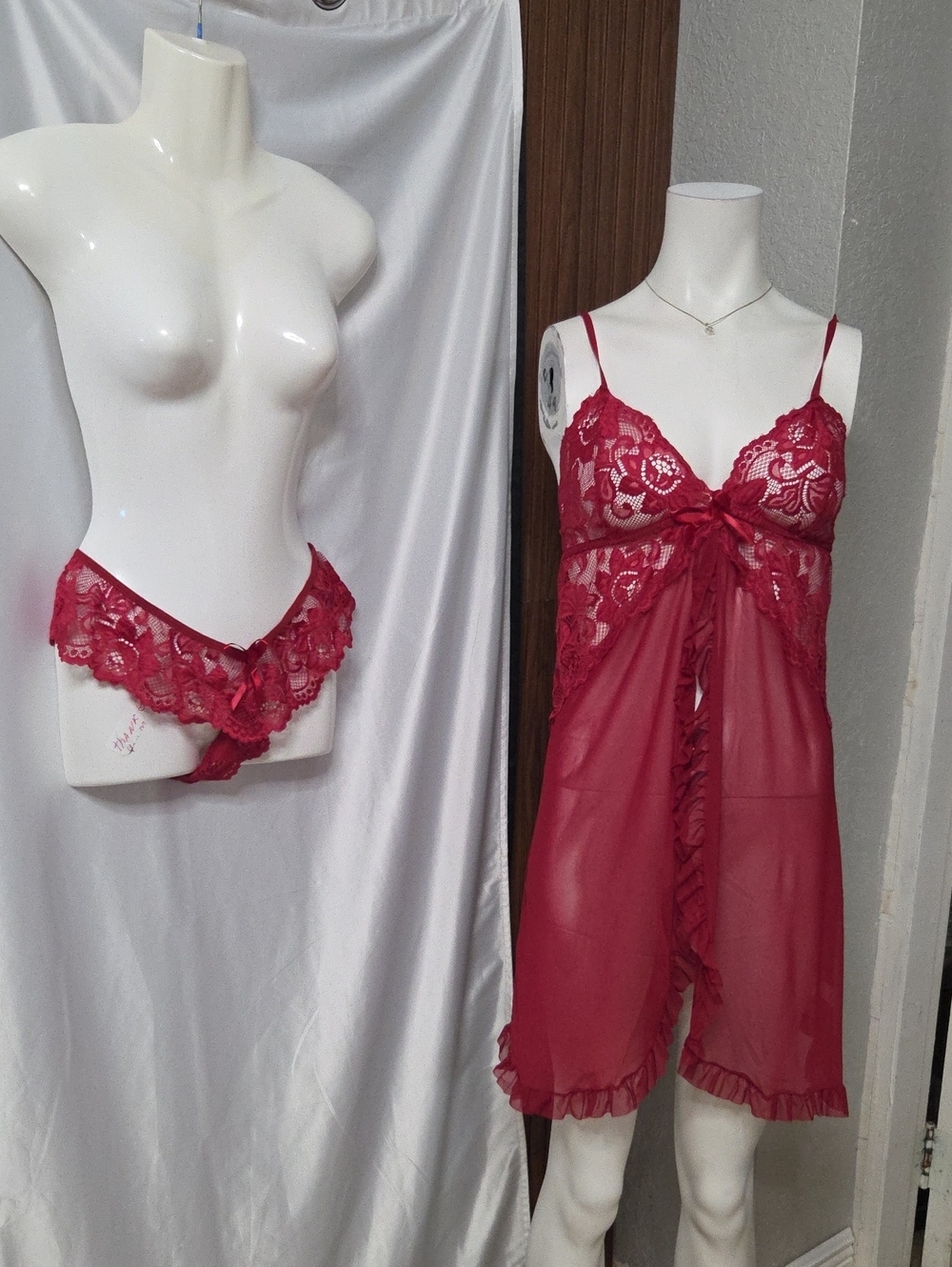Red Lace & Sheer Babydoll Chemise Set - Women's Intimates Large Sz.new W Tag